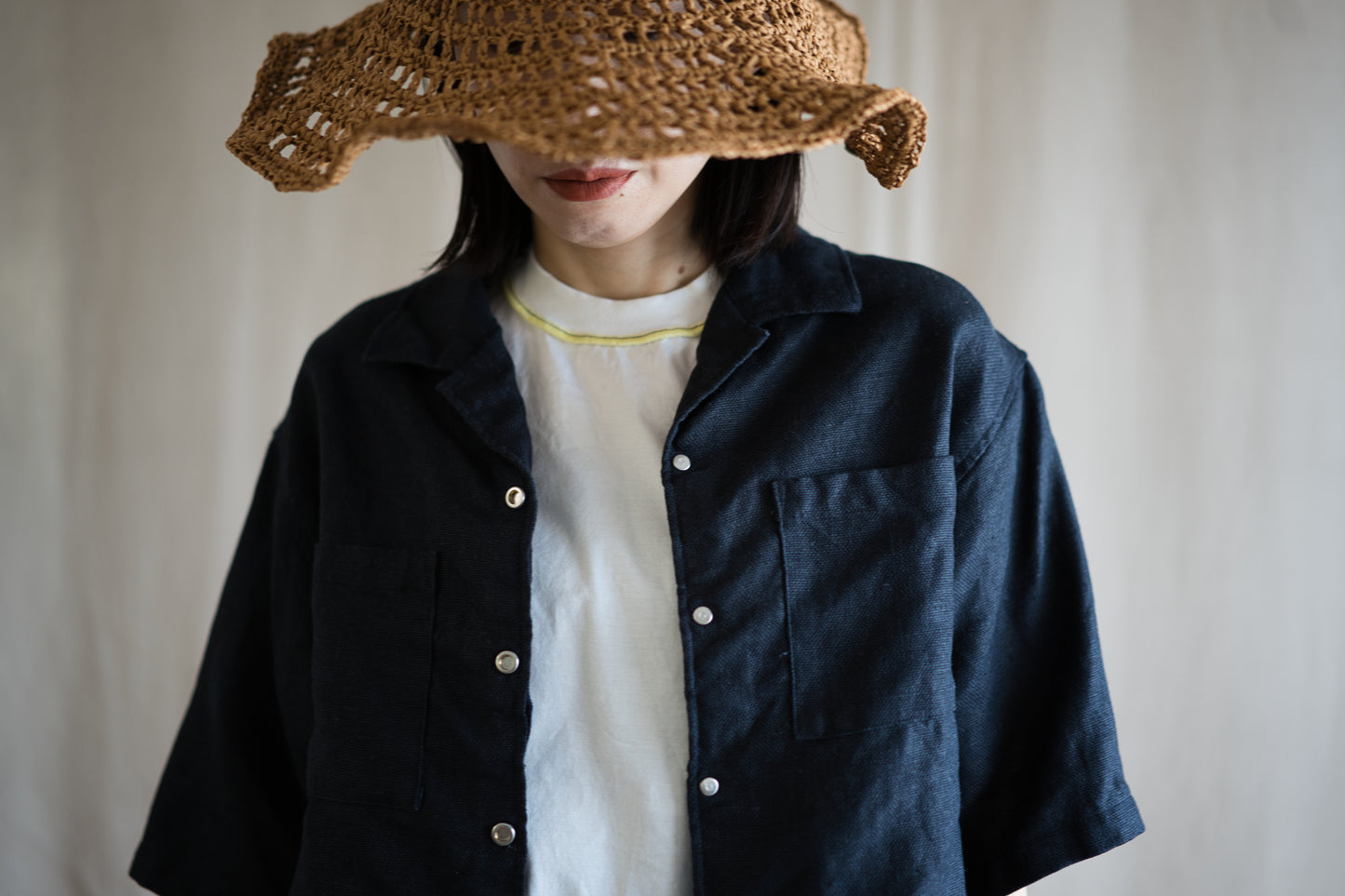 Oxford Linen Half-sleeved Shirt/Night Navy