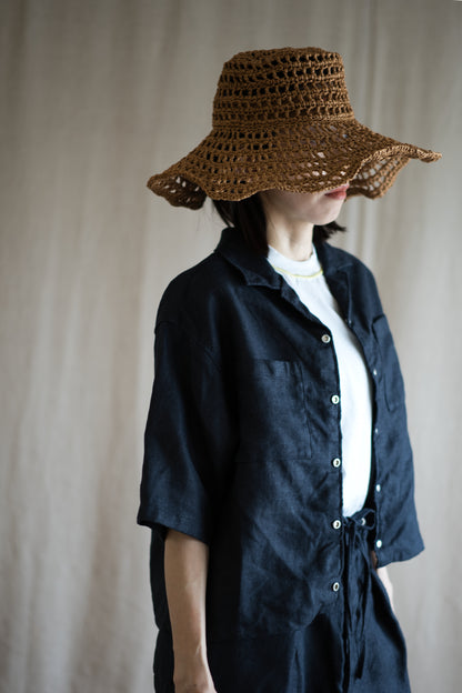 Oxford Linen Half-sleeved Shirt/Night Navy