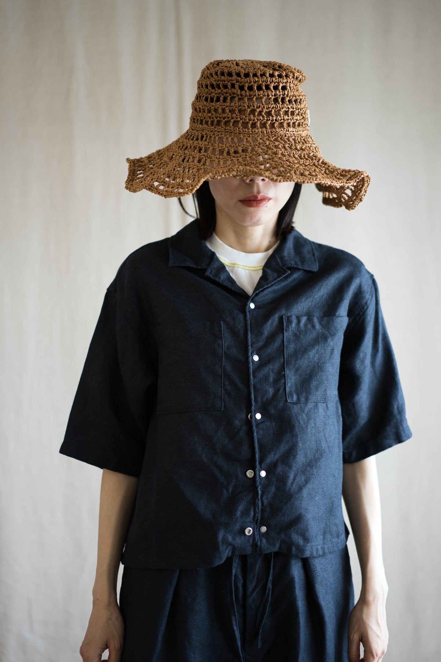 Oxford Linen Half-sleeved Shirt/Night Navy
