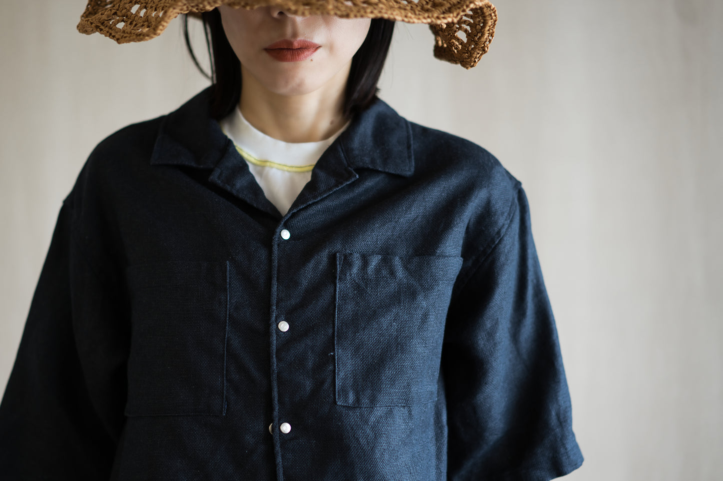 Oxford Linen Half-sleeved Shirt/Night Navy