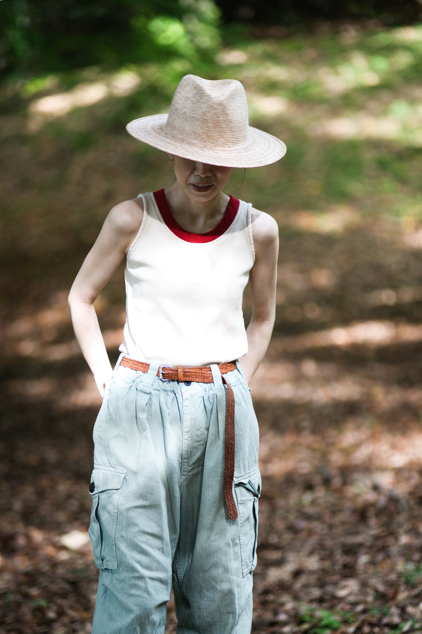 強撚リブタンクトップHigh-twisted Tank top/Light beige/red