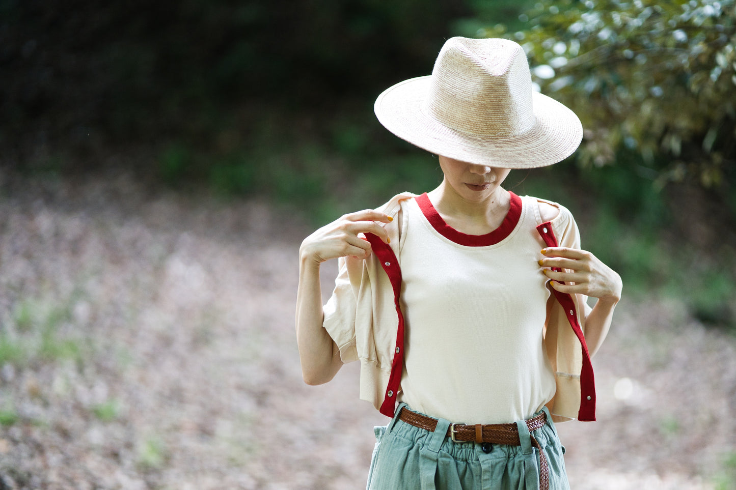 強撚糸コットン 半袖カーディガン/High-twisted yarn  cardigan/Light beige/red