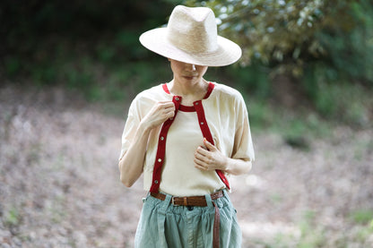 強撚糸コットン 半袖カーディガン/High-twisted yarn  cardigan/Light beige/red