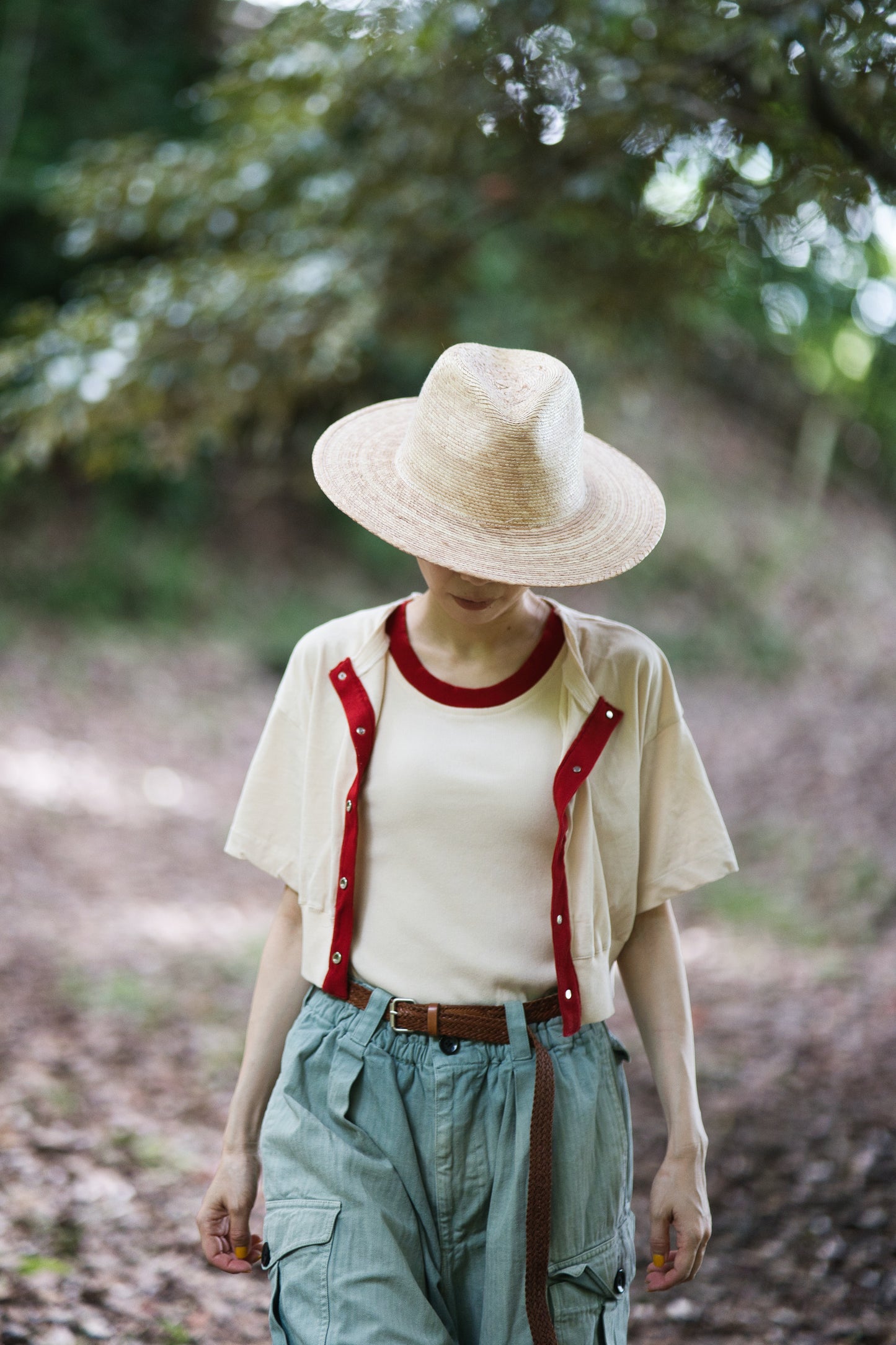 強撚糸コットン 半袖カーディガン/High-twisted yarn  cardigan/Light beige/red