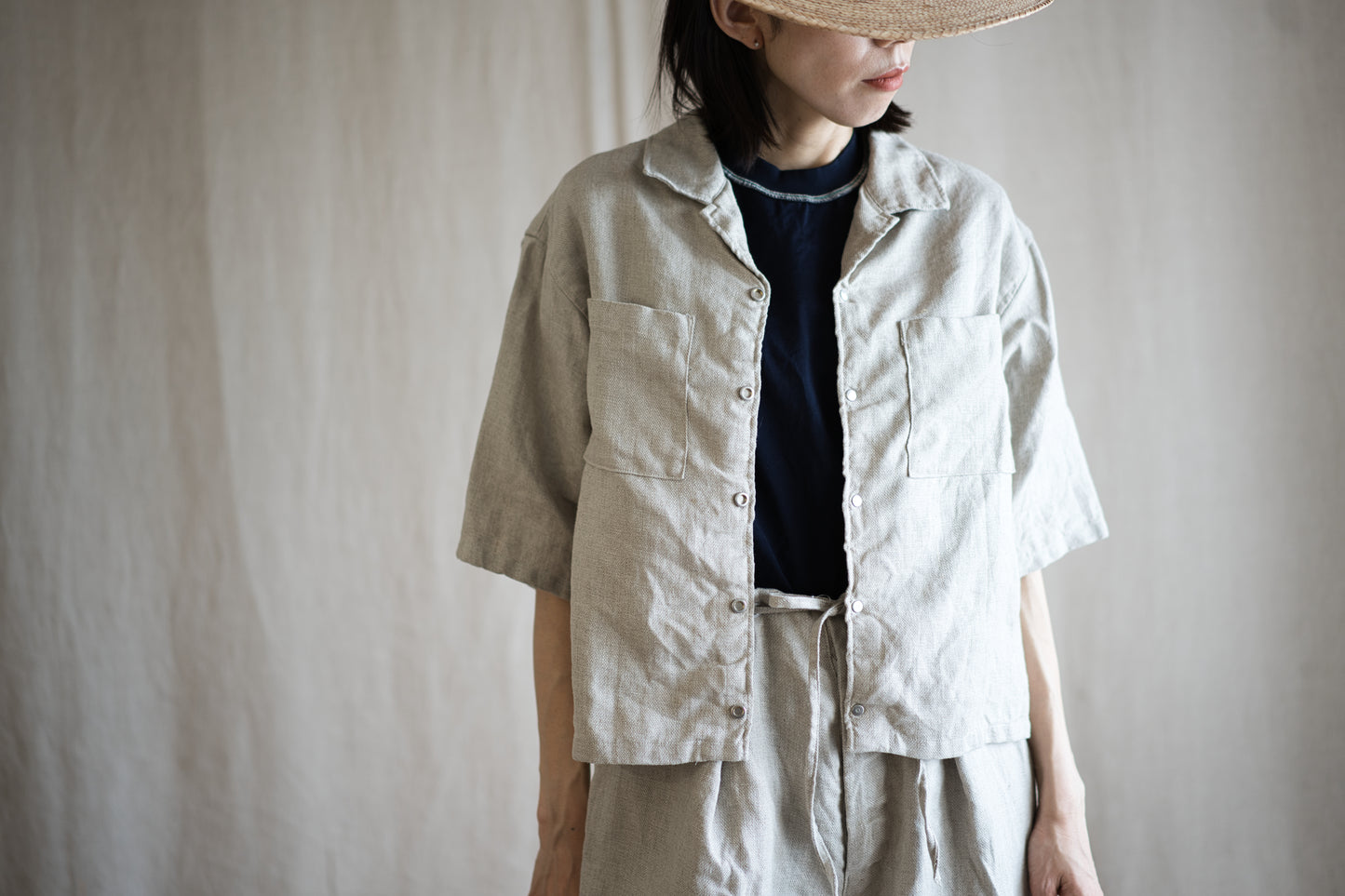 Oxford Linen Half-sleeved Shirt/Ecru