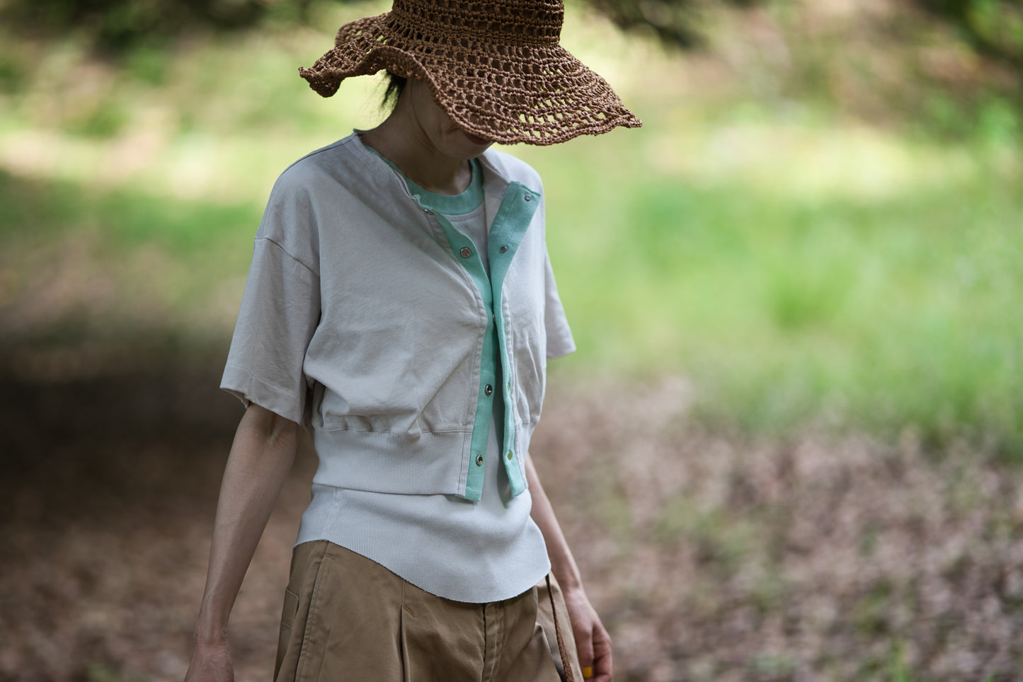 強撚糸コットン 半袖カーディガン/High-twisted yarn  cardigan/Ice gray/mint