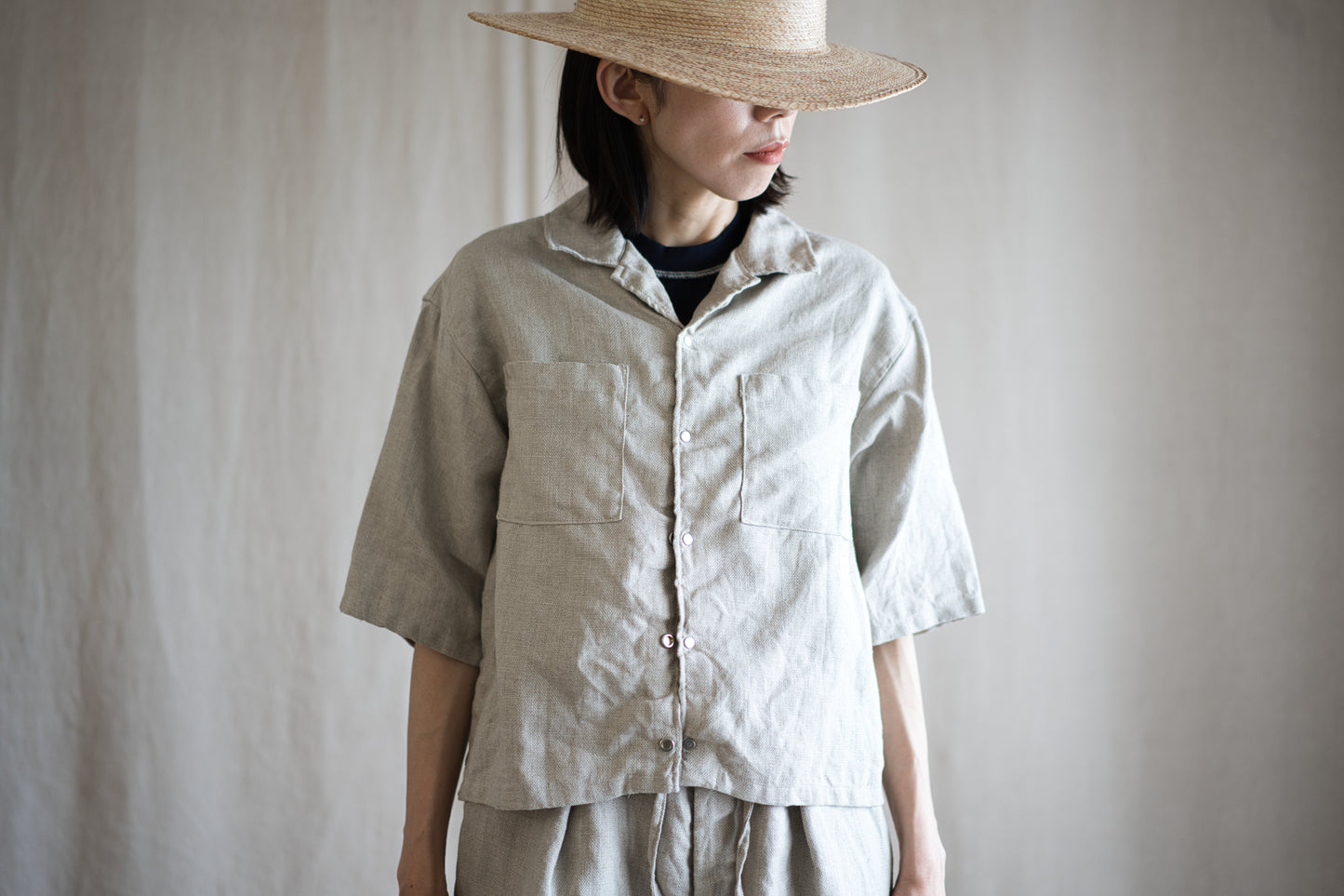 Oxford Linen Half-sleeved Shirt/Ecru