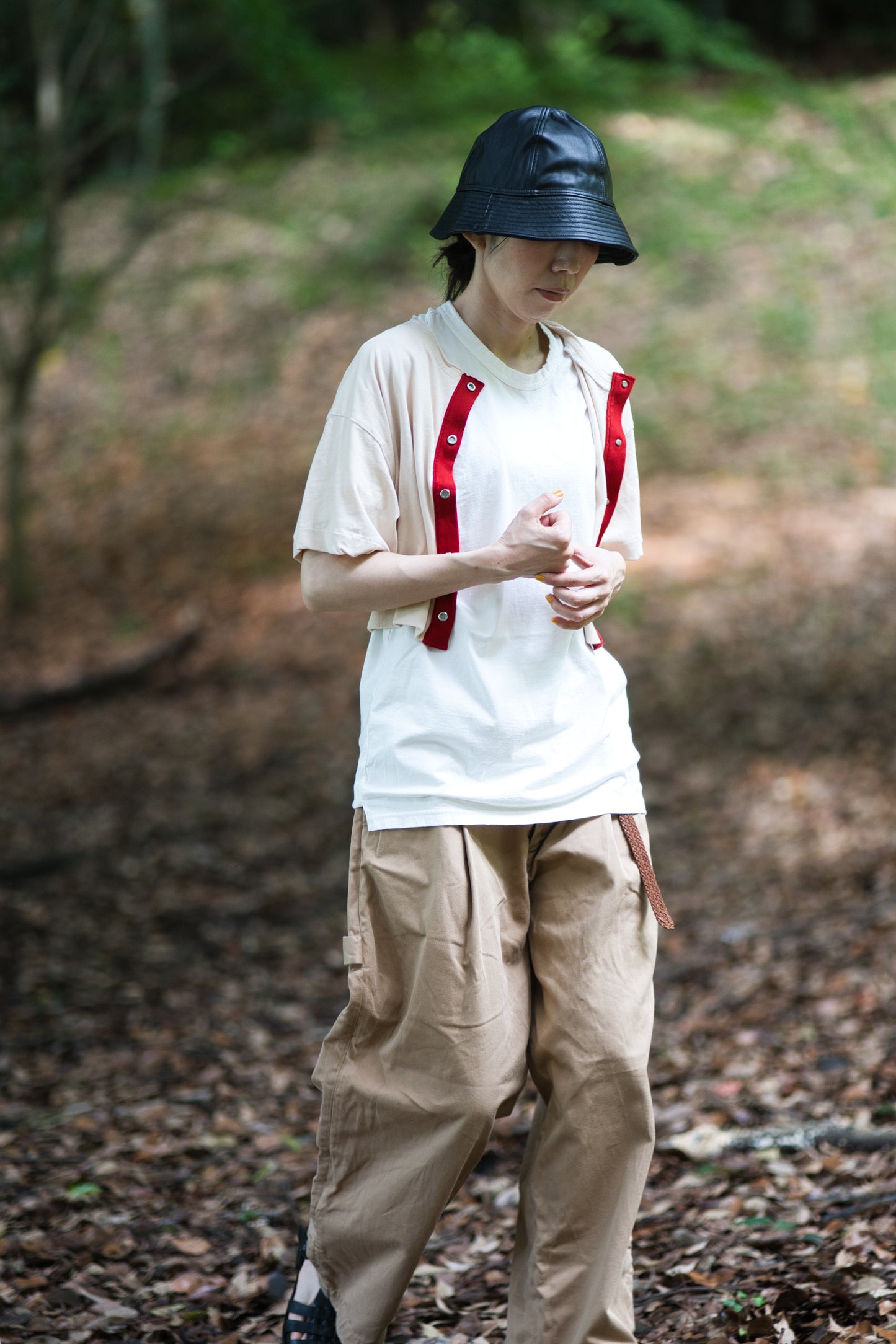 強撚糸コットン 半袖カーディガン/High-twisted yarn  cardigan/Light beige/red