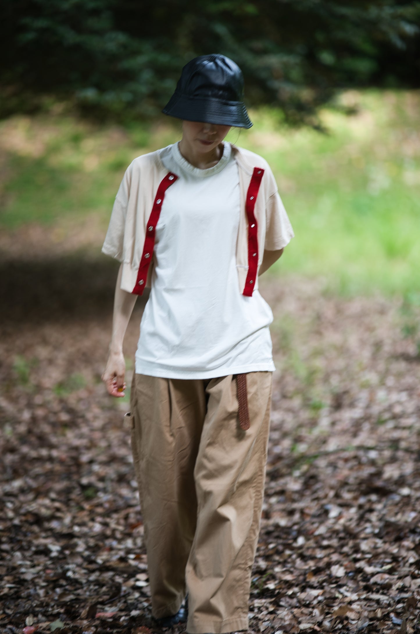 強撚糸コットン 半袖カーディガン/High-twisted yarn  cardigan/Light beige/red