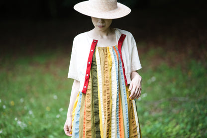 強撚糸コットン 半袖カーディガン/High-twisted yarn  cardigan/Light beige/red