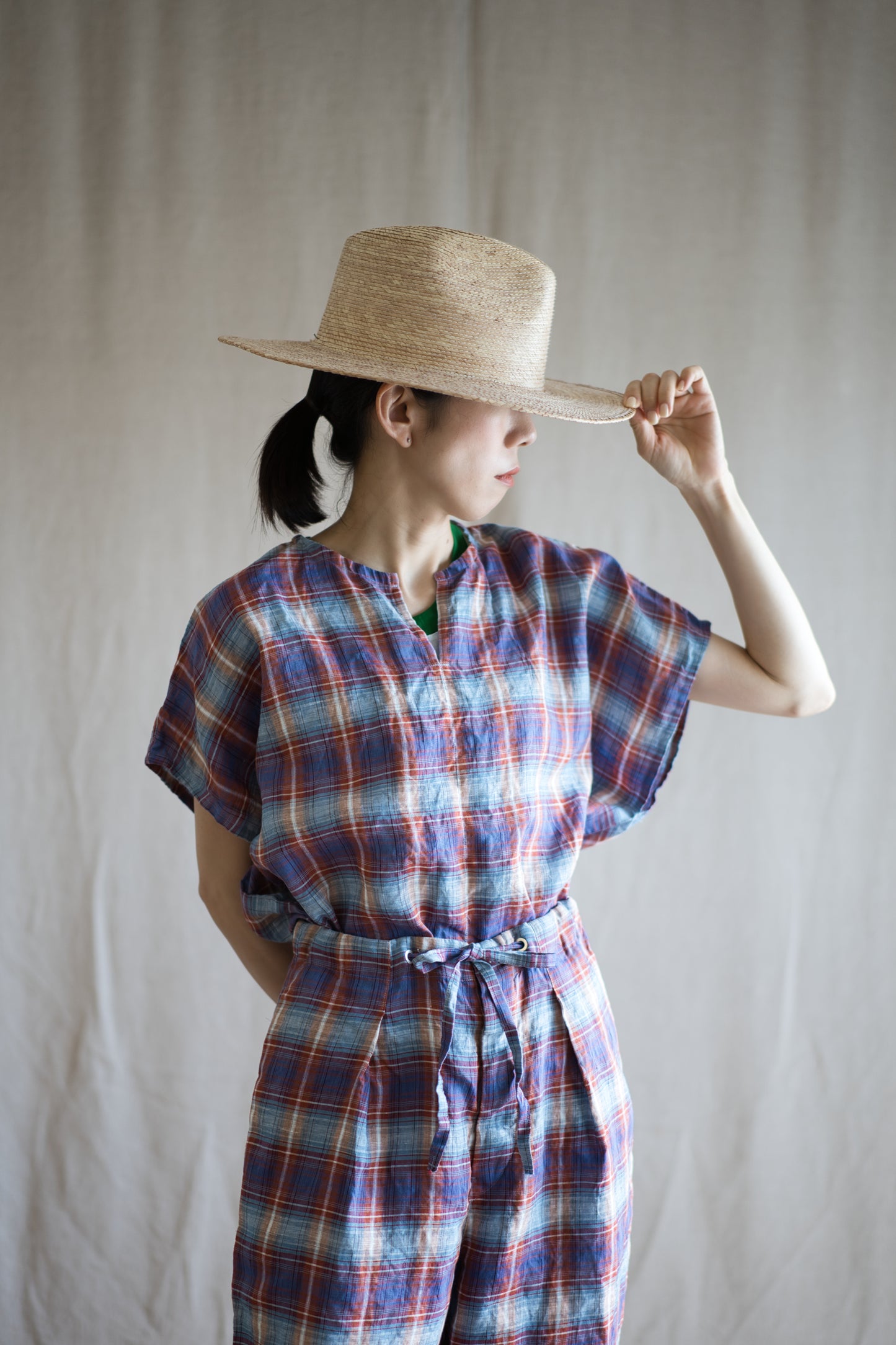 Normandy Linen Wide-Cut T-Shirt /Multi Checkered