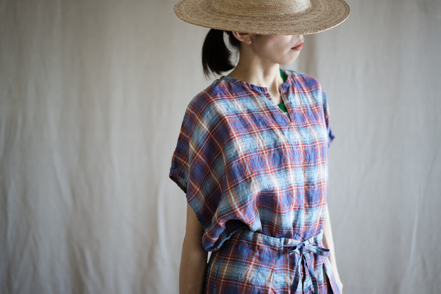 Normandy Linen Wide-Cut T-Shirt /Multi Checkered