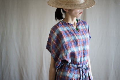 Normandy Linen Wide-Cut T-Shirt /Multi Checkered