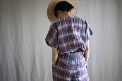 Normandy Linen Wide-Cut T-Shirt /Multi Checkered