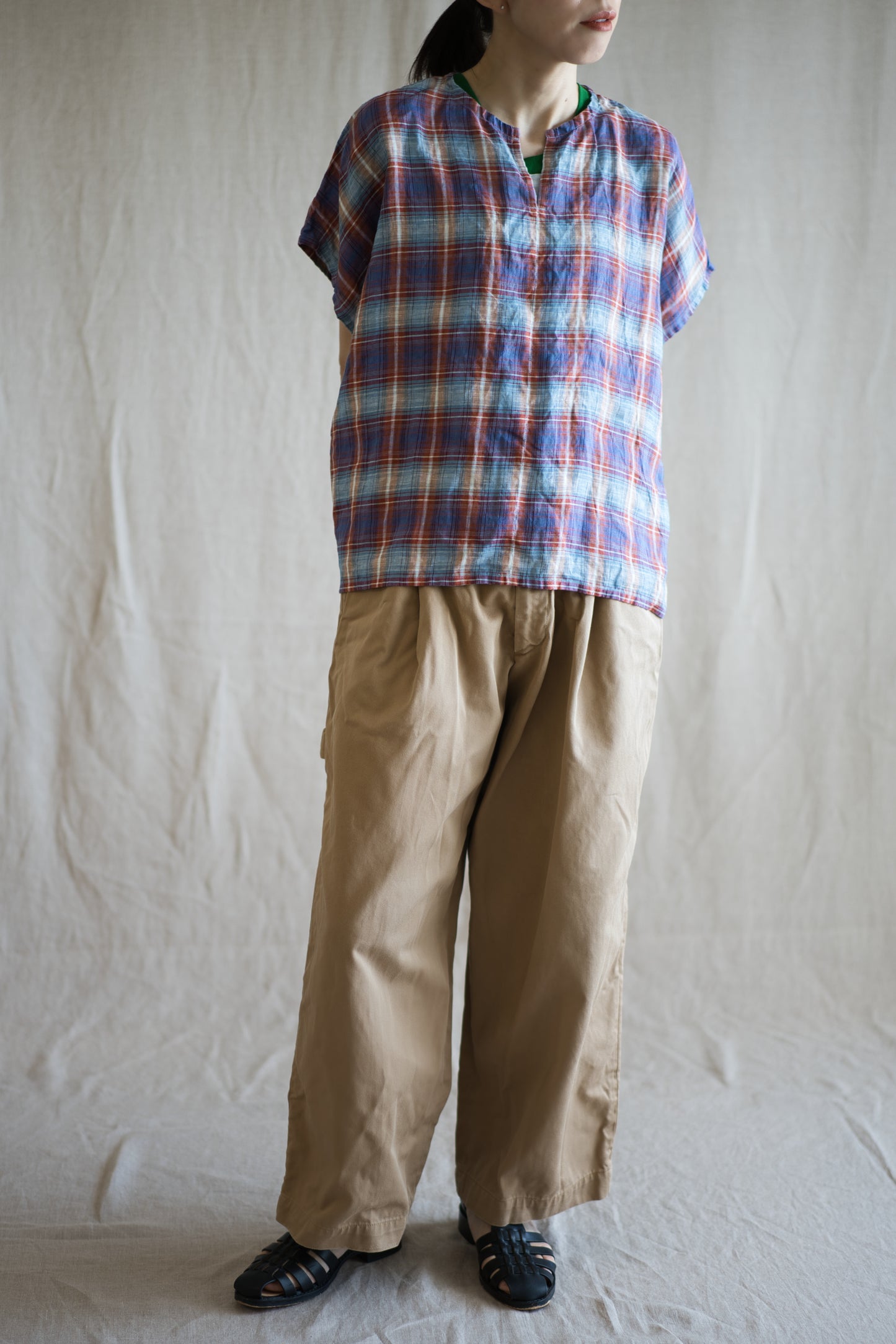 Normandy Linen Wide-Cut T-Shirt /Multi Checkered