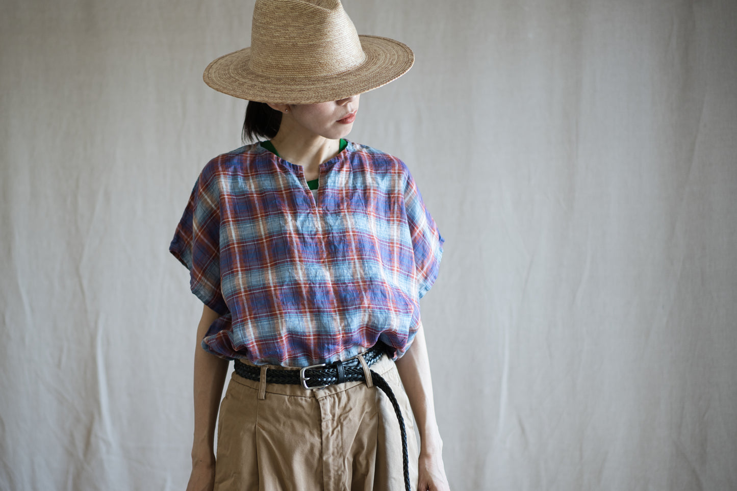 Normandy Linen Wide-Cut T-Shirt /Multi Checkered