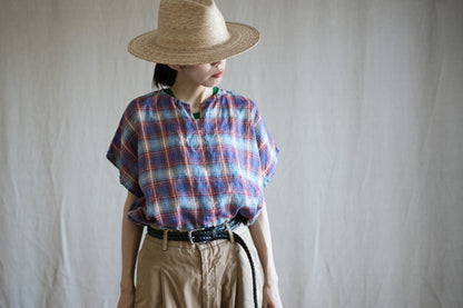 Normandy Linen Wide-Cut T-Shirt /Multi Checkered