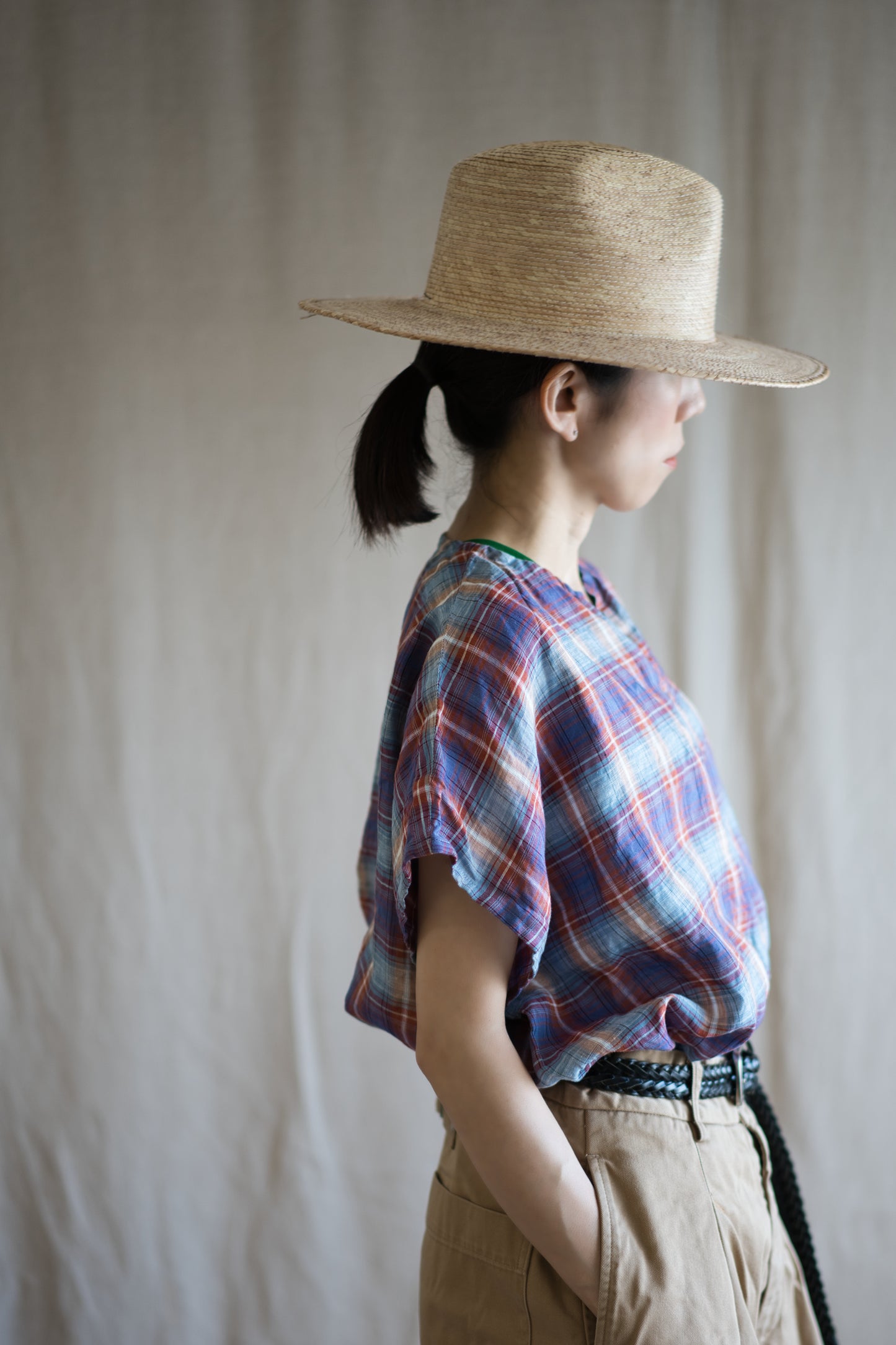 Normandy Linen Wide-Cut T-Shirt /Multi Checkered