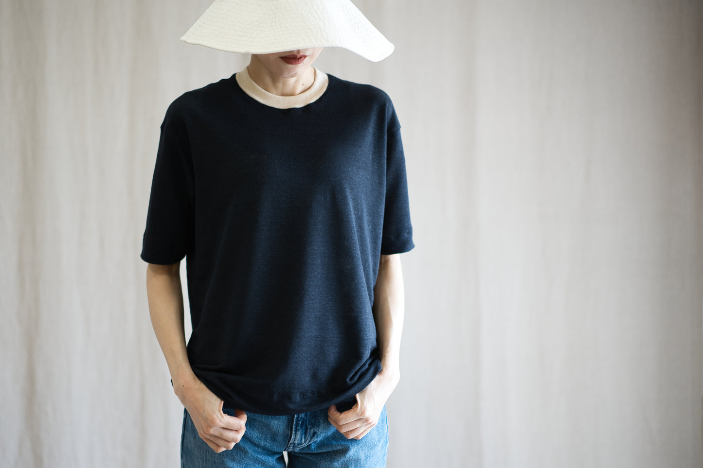 アイリッシュリネンリンガーT/Irish Linen Ringer T/Midnight Navy - Ecru