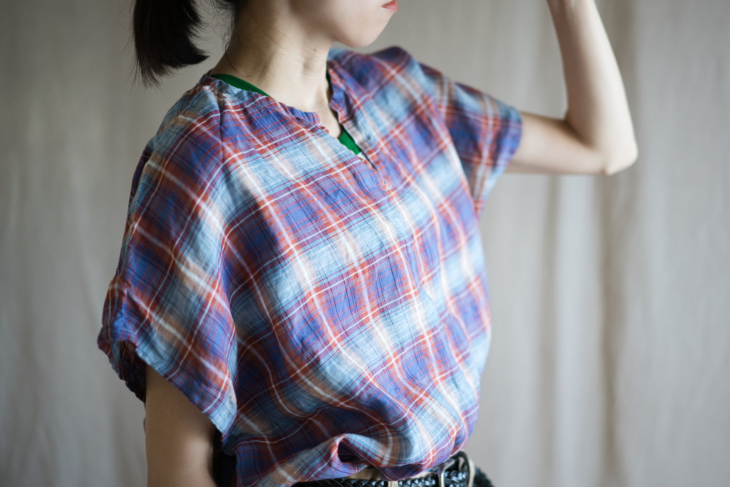 Normandy Linen Wide-Cut T-Shirt /Multi Checkered