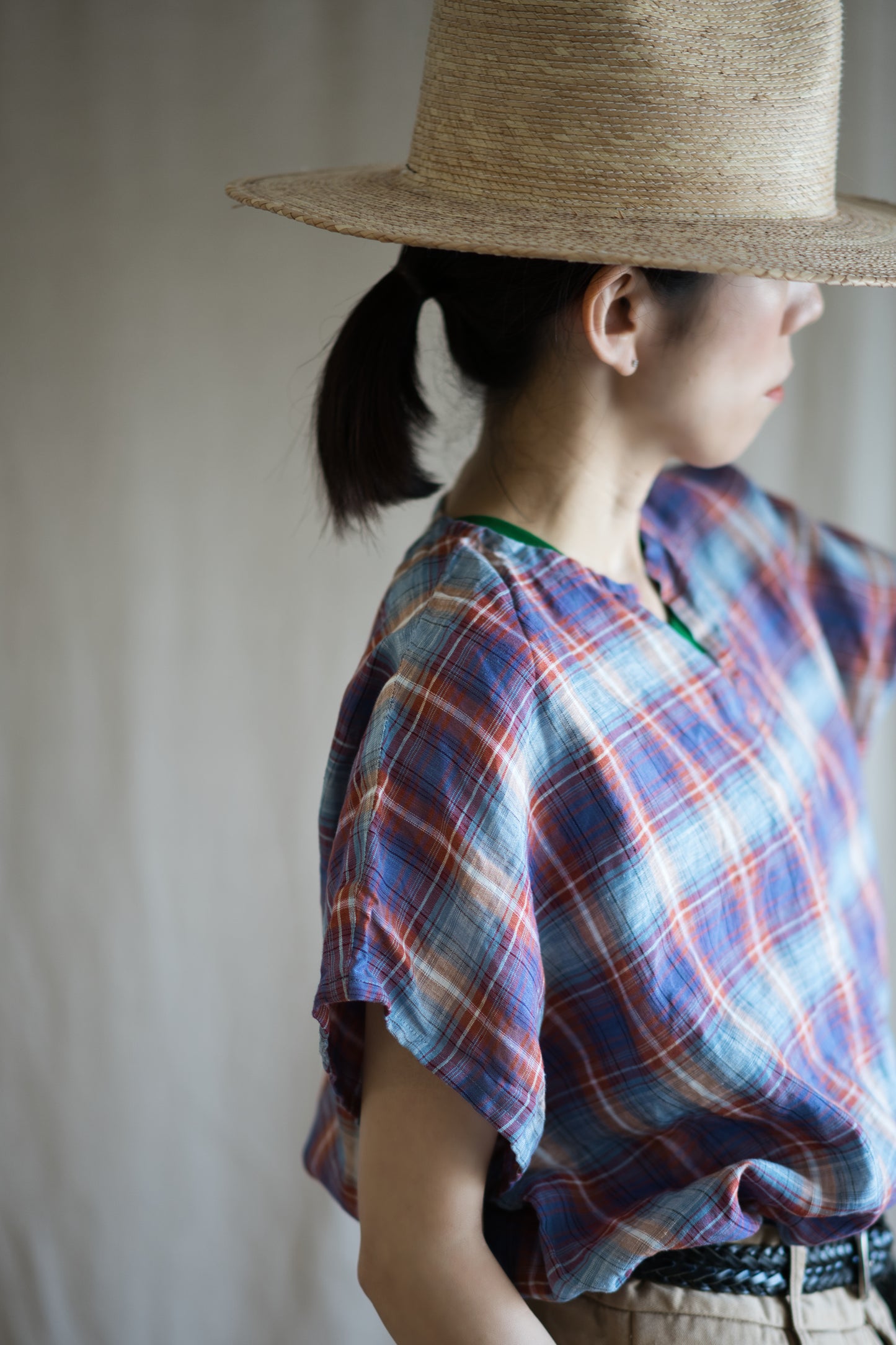 Normandy Linen Wide-Cut T-Shirt /Multi Checkered