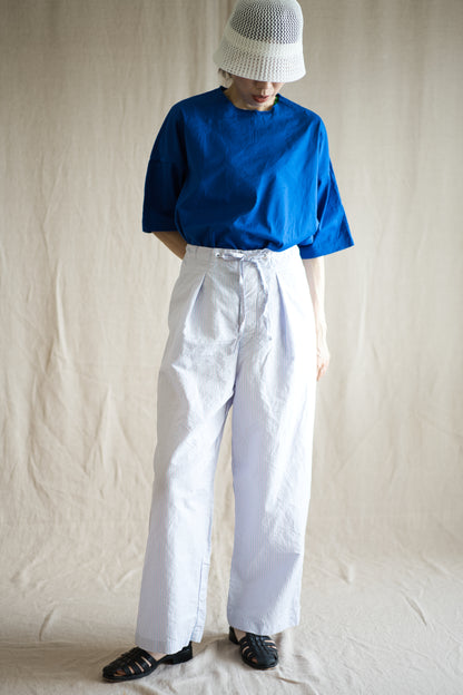 Italy Cotton Linen Wide Pants/Light blue × Pink stripe