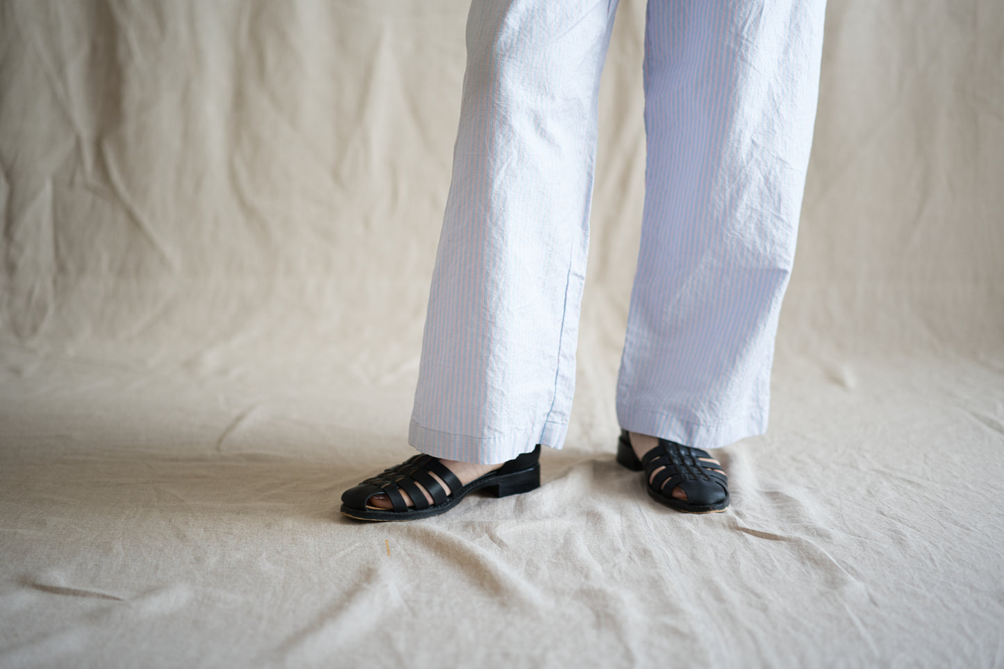Italy Cotton Linen Wide Pants/Light blue × Pink stripe