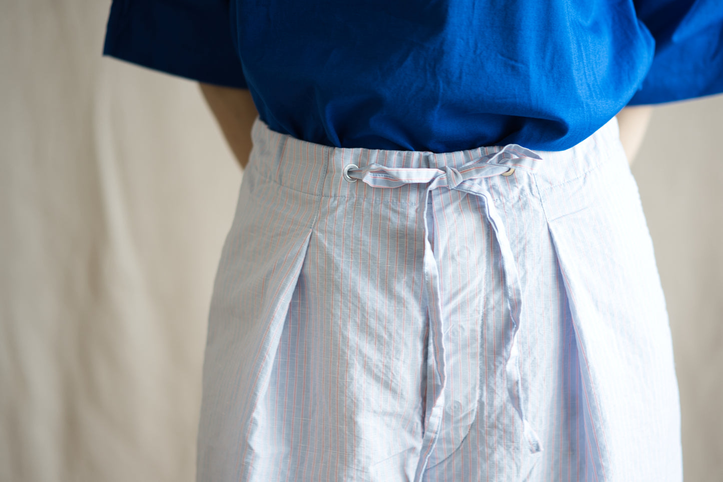 Italy Cotton Linen Wide Pants/Light blue × Pink stripe