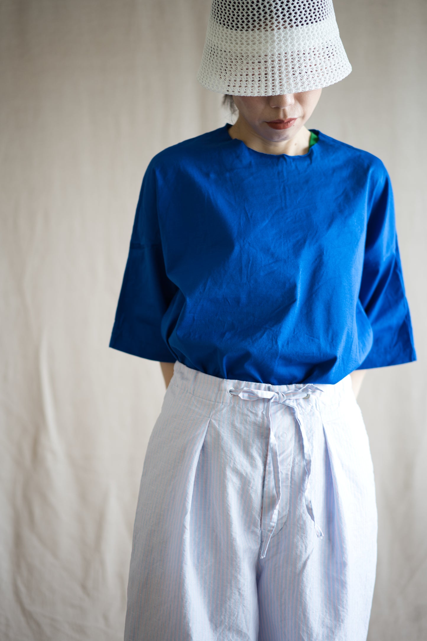 Italy Cotton Linen Wide Pants/Light blue × Pink stripe