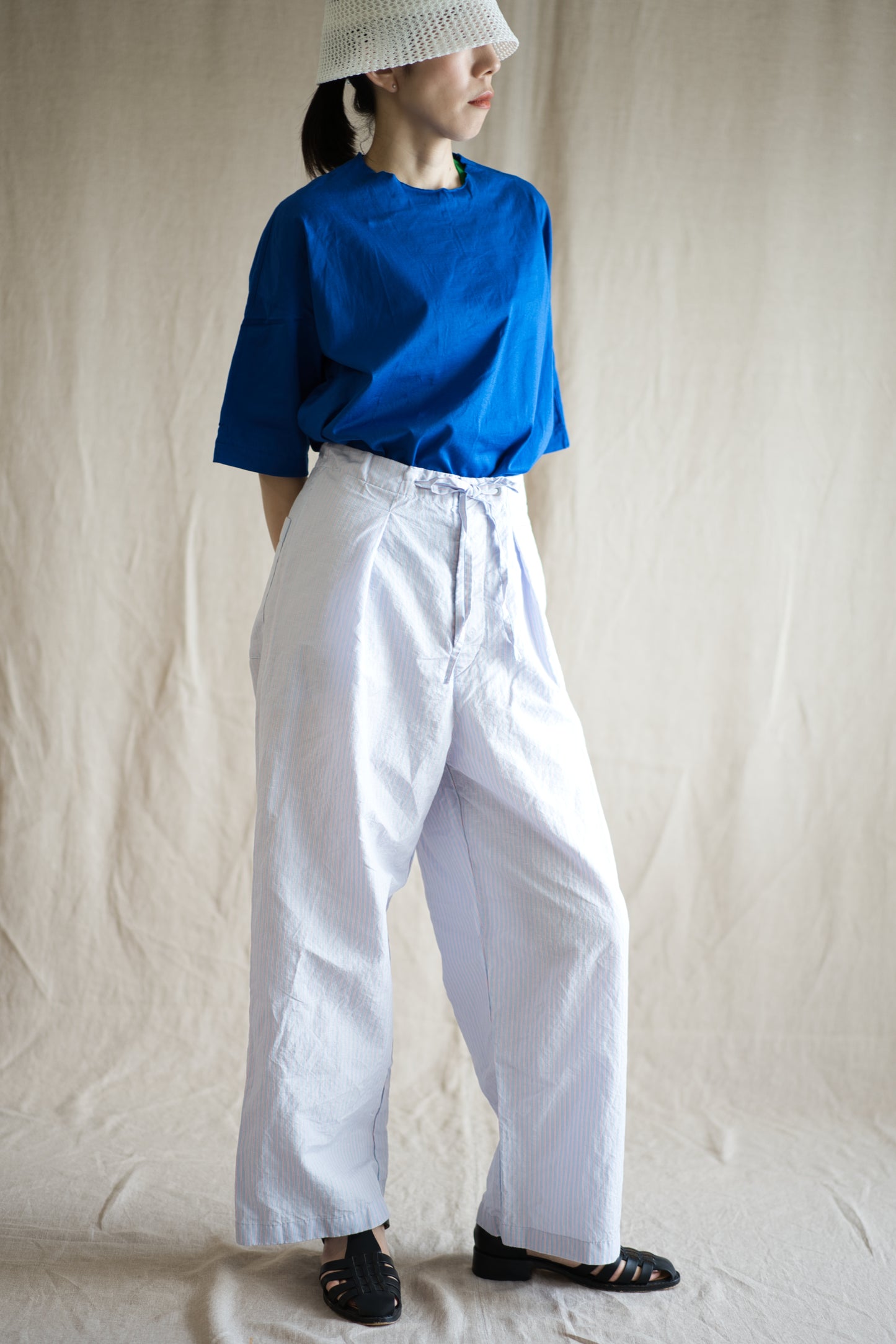 Italy Cotton Linen Wide Pants/Light blue × Pink stripe