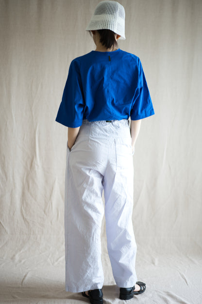 Italy Cotton Linen Wide Pants/Light blue × Pink stripe