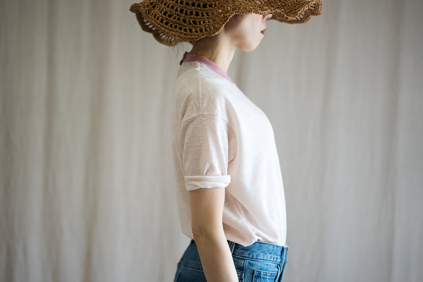 アイリッシュリネンリンガーT/Irish Linen Ringer T/Pinkish White - Pink