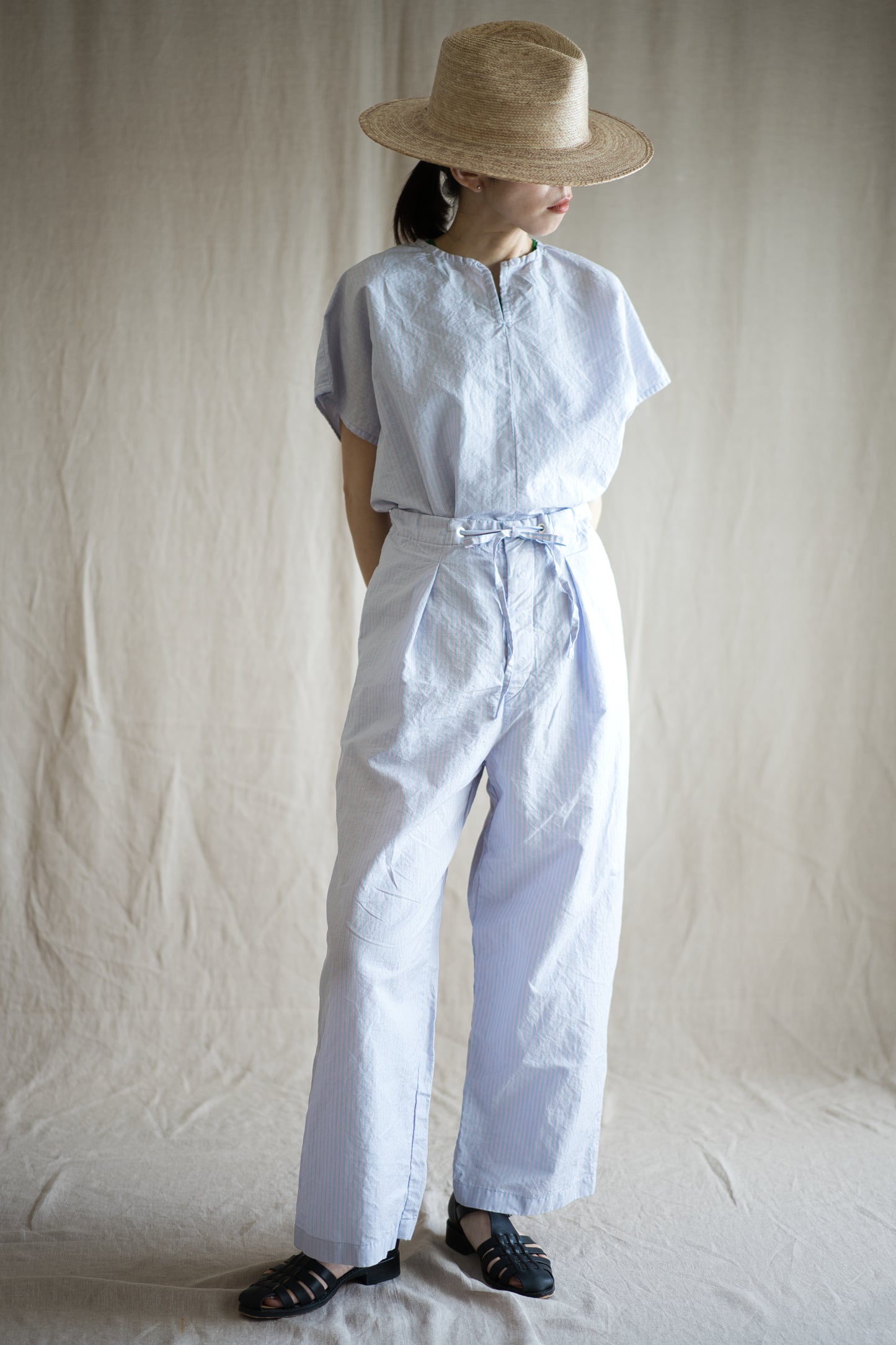 Italy Cotton Linen Wide Pants/Light blue × Pink stripe