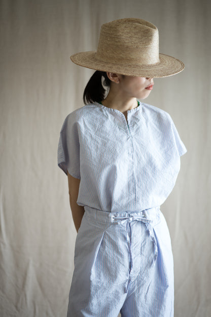 Italy Cotton Linen Wide-Cut T-Shirt/Light blue × Pink stripe