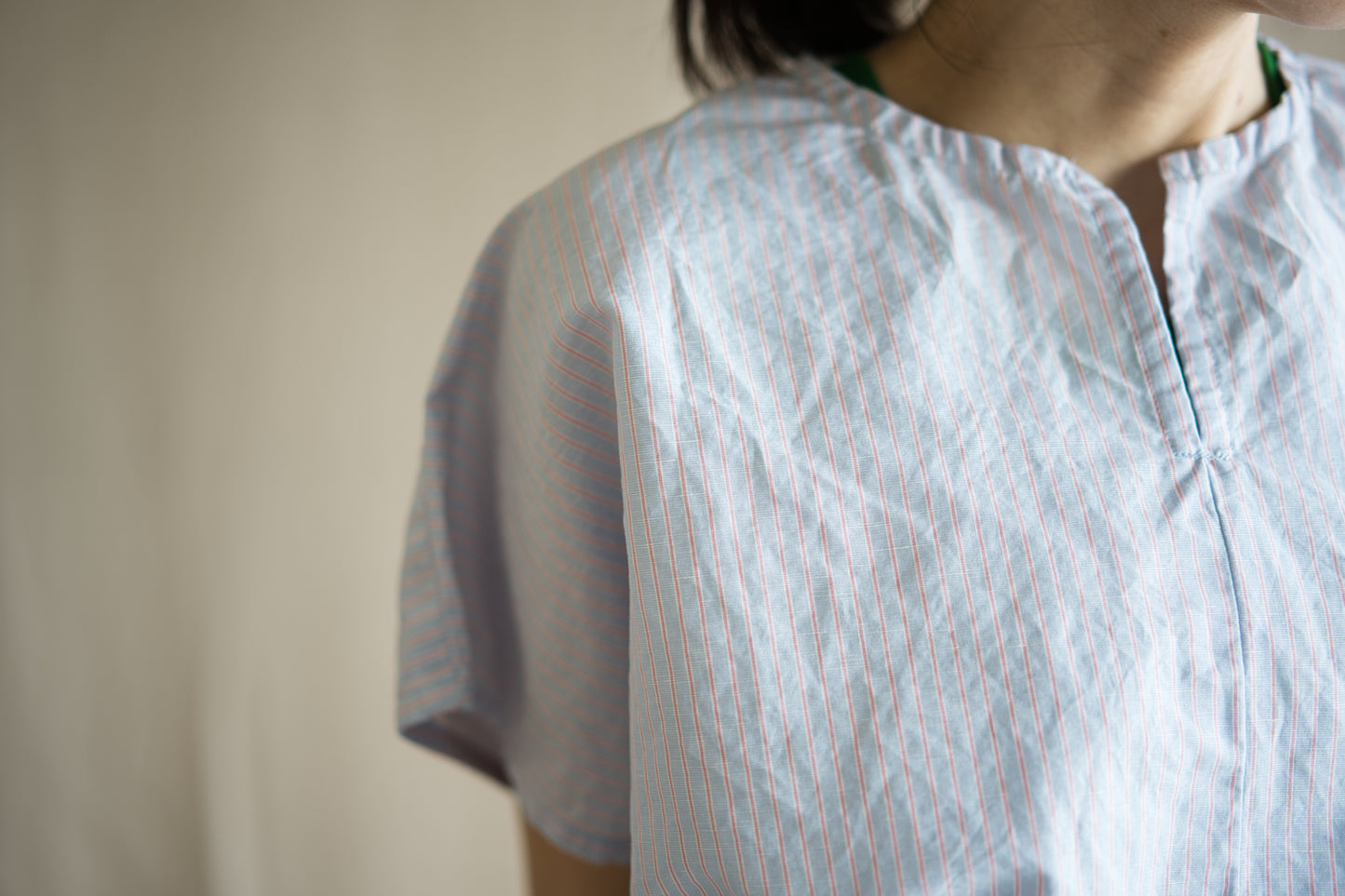Italy Cotton Linen Wide-Cut T-Shirt/Light blue × Pink stripe