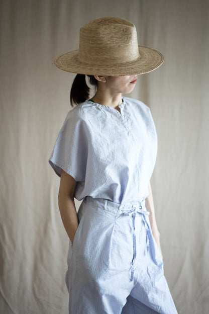 Italy Cotton Linen Wide Pants/Light blue × Pink stripe