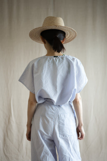 Italy Cotton Linen Wide-Cut T-Shirt/Light blue × Pink stripe