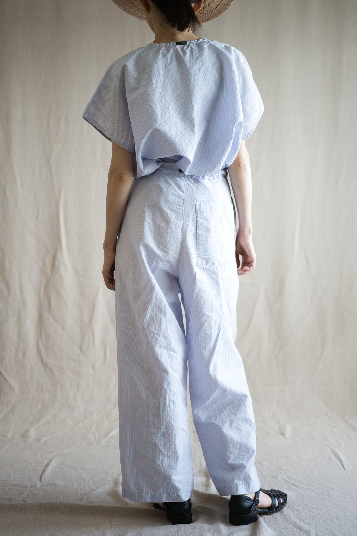 Italy Cotton Linen Wide Pants/Light blue × Pink stripe