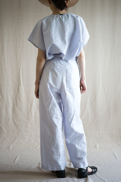 Italy Cotton Linen Wide Pants/Light blue × Pink stripe