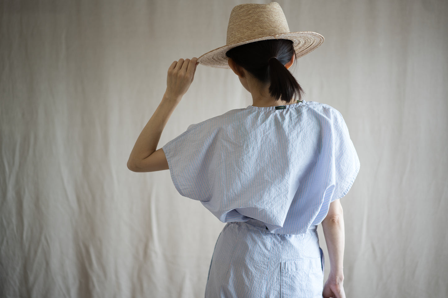 Italy Cotton Linen Wide-Cut T-Shirt/Light blue × Pink stripe