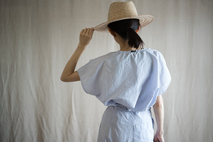 Italy Cotton Linen Wide-Cut T-Shirt/Light blue × Pink stripe