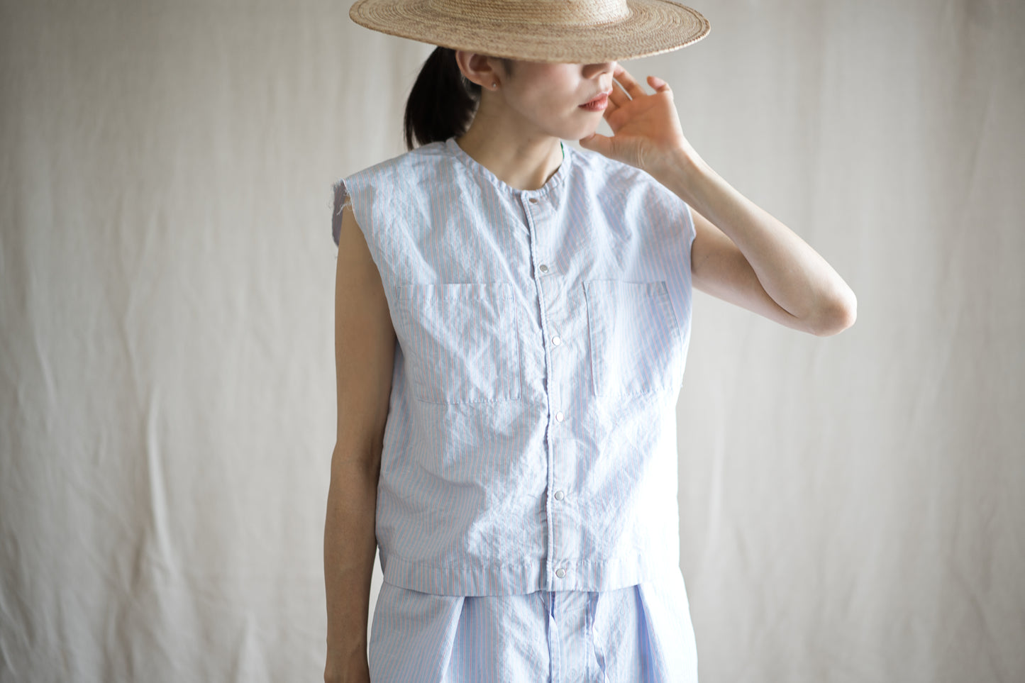 Italy Cotton Linen Sleeveless Top//Light blue × Pink stripe