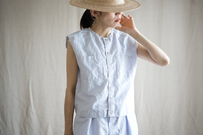 Italy Cotton Linen Sleeveless Top//Light blue × Pink stripe