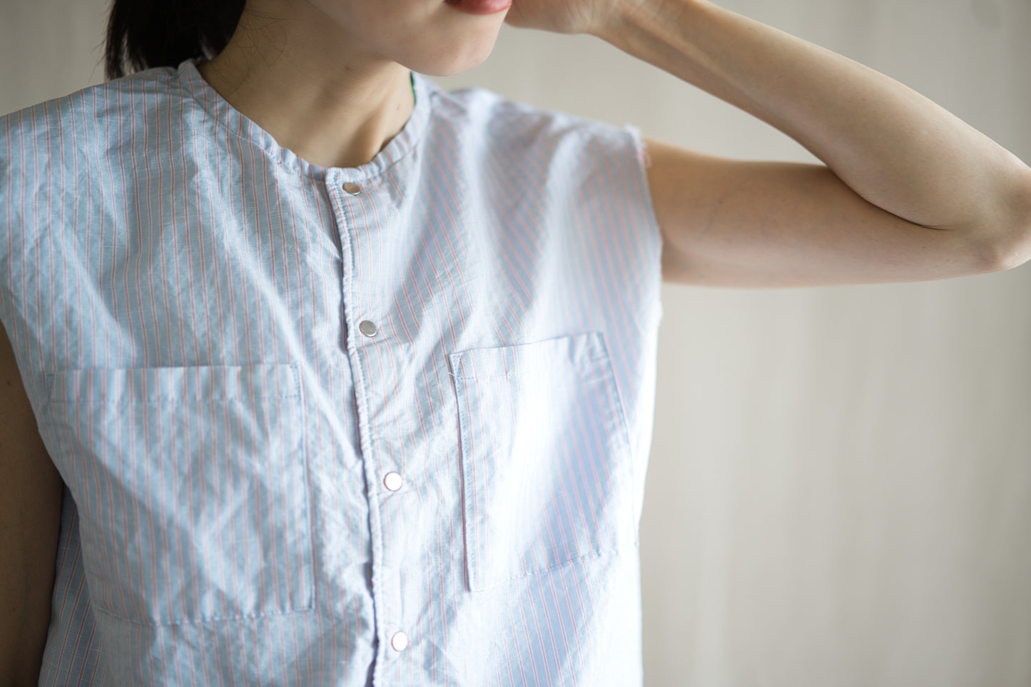 Italy Cotton Linen Sleeveless Top//Light blue × Pink stripe