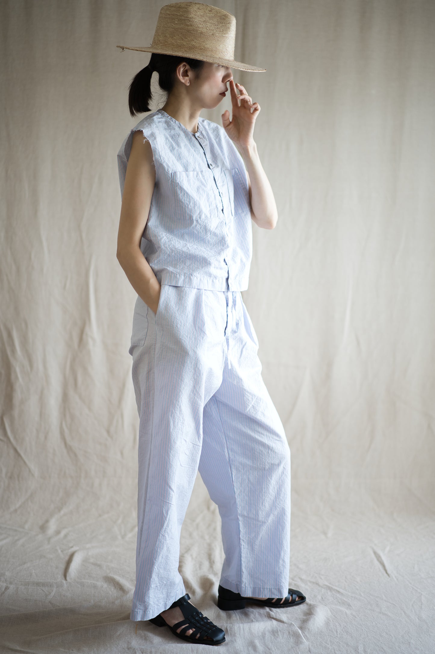 Italy Cotton Linen Wide Pants/Light blue × Pink stripe