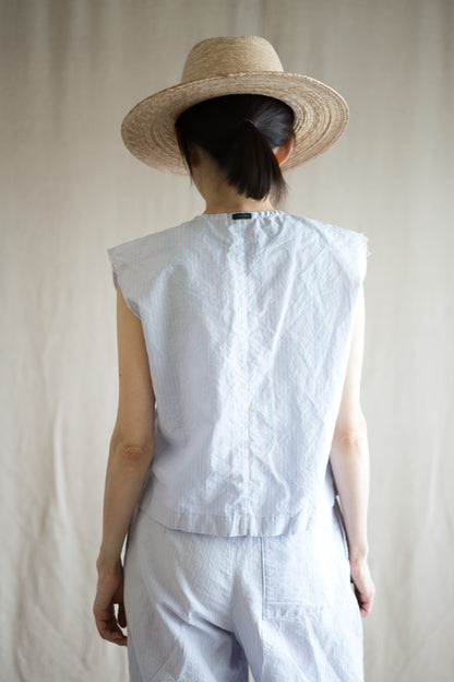 Italy Cotton Linen Sleeveless Top//Light blue × Pink stripe