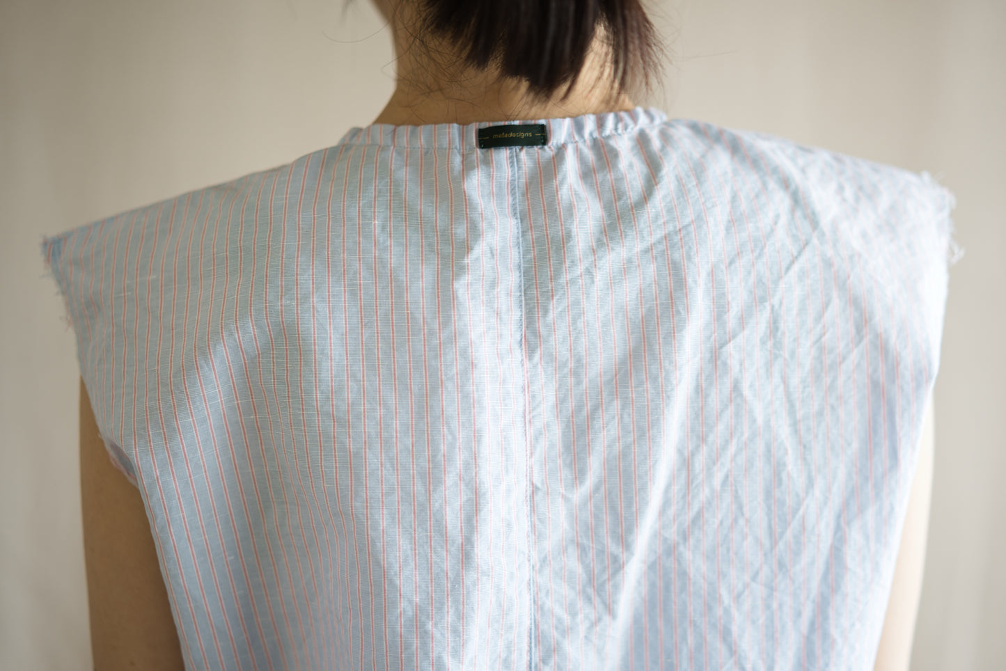 Italy Cotton Linen Sleeveless Top//Light blue × Pink stripe