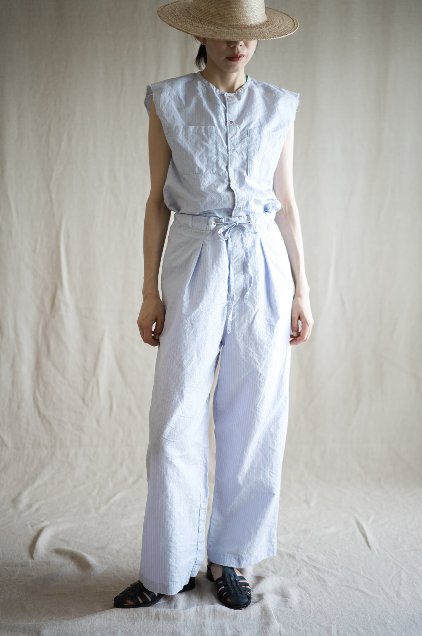 Italy Cotton Linen Wide Pants/Light blue × Pink stripe
