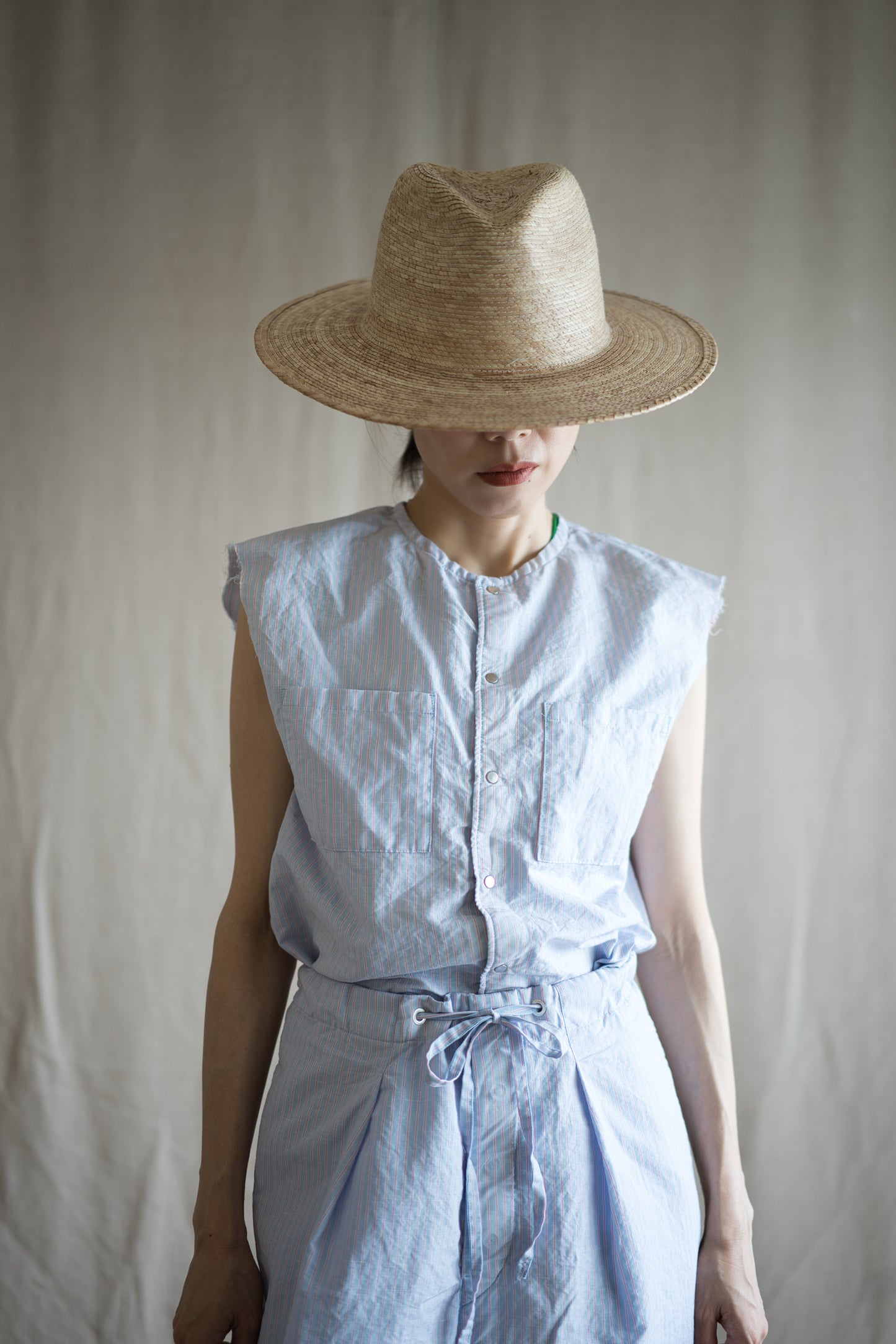 Italy Cotton Linen Sleeveless Top//Light blue × Pink stripe