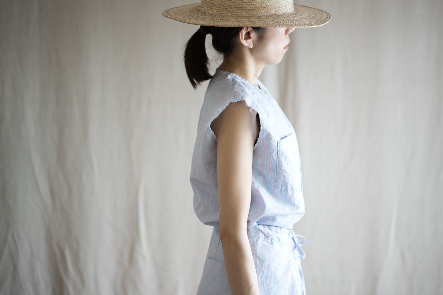 Italy Cotton Linen Sleeveless Top//Light blue × Pink stripe